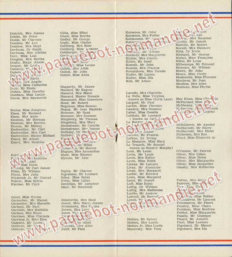 S.S NORMANDIE - LISTE PASSAGERS DU 13 Juillet 1938 - 3ème CLASSE / 3-6