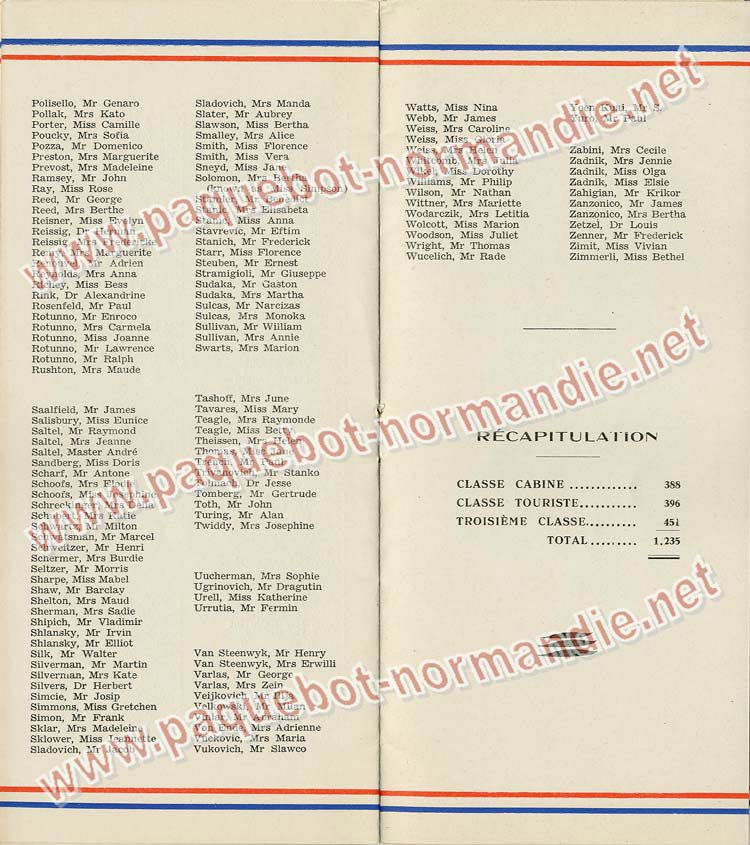 S.S NORMANDIE - LISTE PASSAGERS DU 13 Juillet 1938 - 3ème CLASSE / 3-7