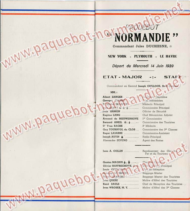 S.S NORMANDIE - LISTE PASSAGERS DU 14 JUIN 1939 - 3ème CLASSE / 3-3