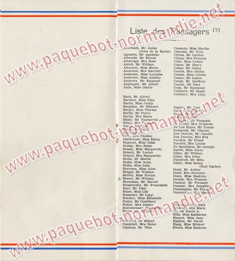 S.S NORMANDIE - LISTE PASSAGERS DU 14 JUIN 1939 - 3ème CLASSE / 3-4