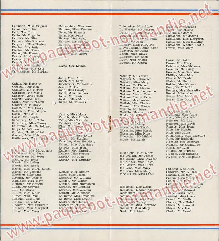 S.S NORMANDIE - LISTE PASSAGERS DU 14 JUIN 1939 - 3ème CLASSE / 3-5