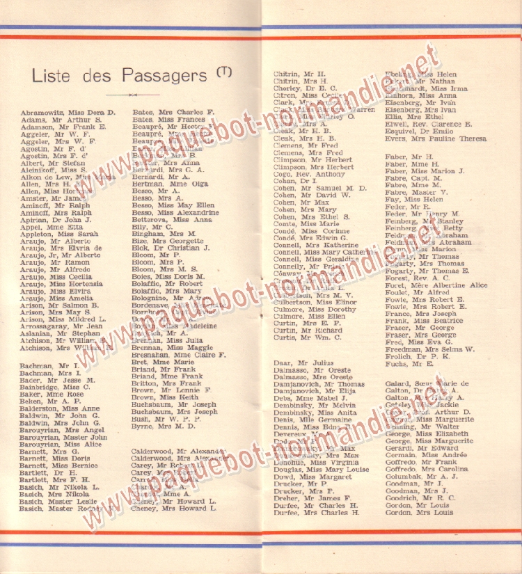  Paquebot s/s Normandie - LISTE PASSAGERS 14.07.37 / 2-4
