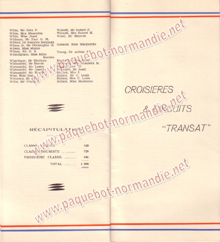  Paquebot s/s Normandie - LISTE PASSAGERS 14.07.37 / 2-7