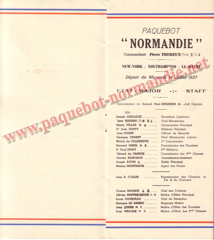 PAQUEBOT NORMANDIE - LISTE DES PASSAGERS DU 14 JUILET 1937 - 3ème CLASSE / 3-3