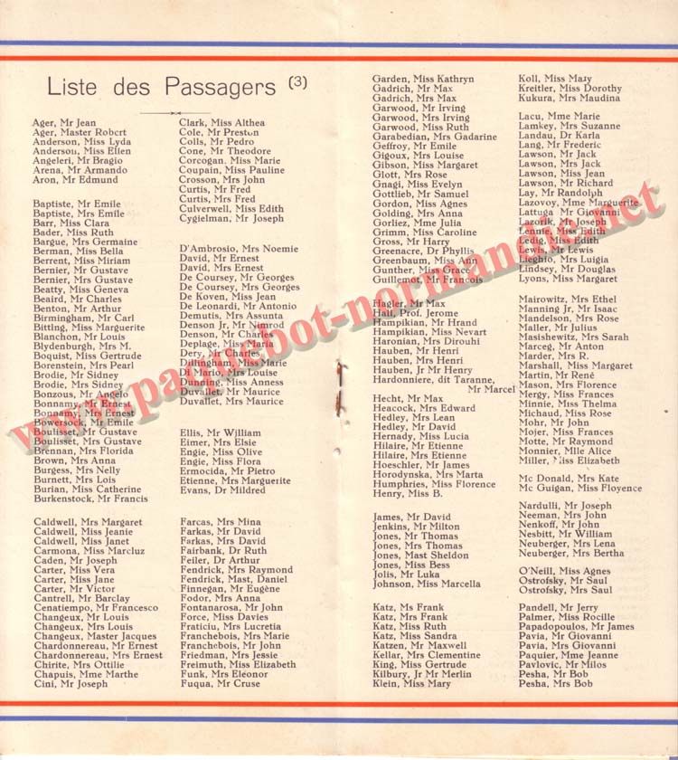 PAQUEBOT NORMANDIE - LISTE DES PASSAGERS DU 14 JUILET 1937 - 3ème CLASSE / 3-4