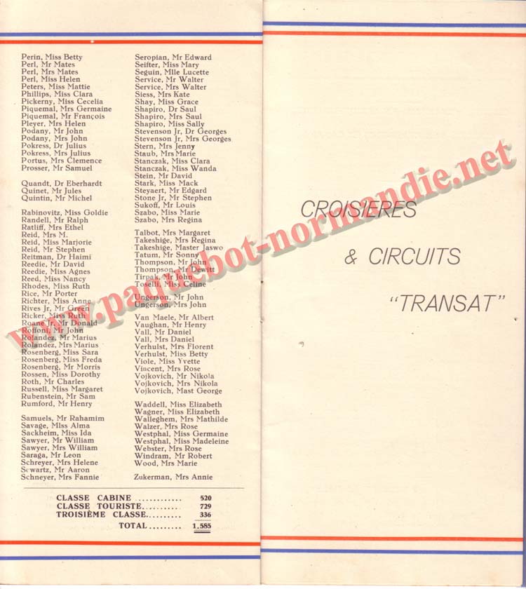 PAQUEBOT NORMANDIE - LISTE DES PASSAGERS DU 14 JUILET 1937 - 3ème CLASSE / 3-