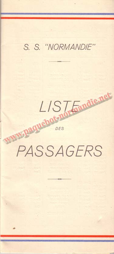 PAQUEBOT NORMANDIE - LISTE DES PASSAGERS DU 15 JUIN 1938 - 1ère CLASSE / 1-1