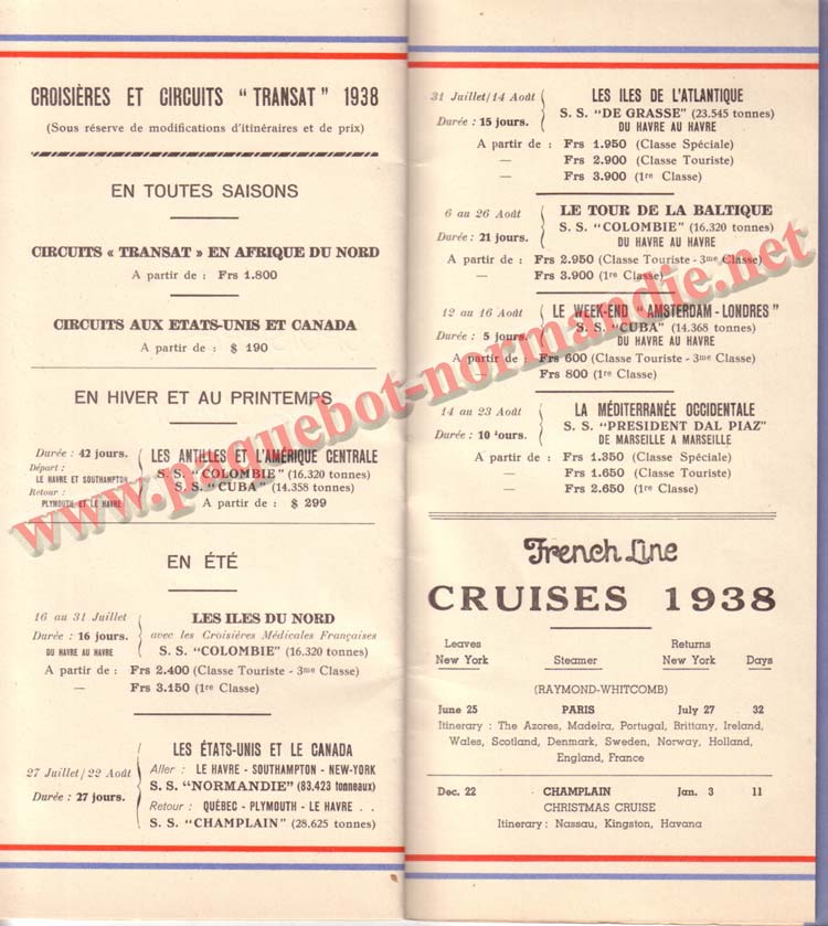 PAQUEBOT NORMANDIE - LISTE DES PASSAGERS DU 15 JUIN 1938 - 1ère CLASSE / 1-10