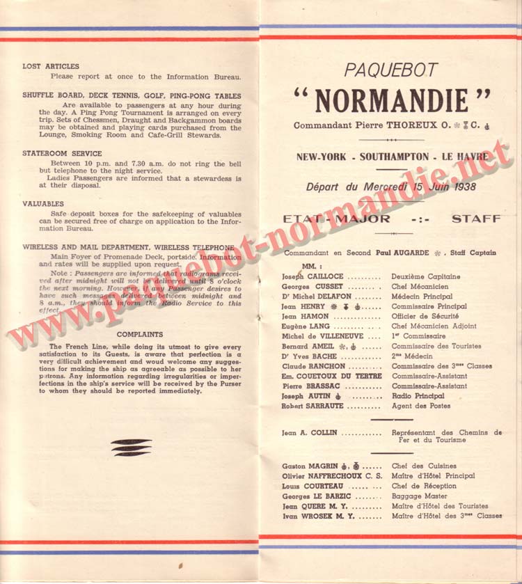 PAQUEBOT NORMANDIE - LISTE DES PASSAGERS DU 15 JUIN 1938 - 1ère CLASSE / 1-5