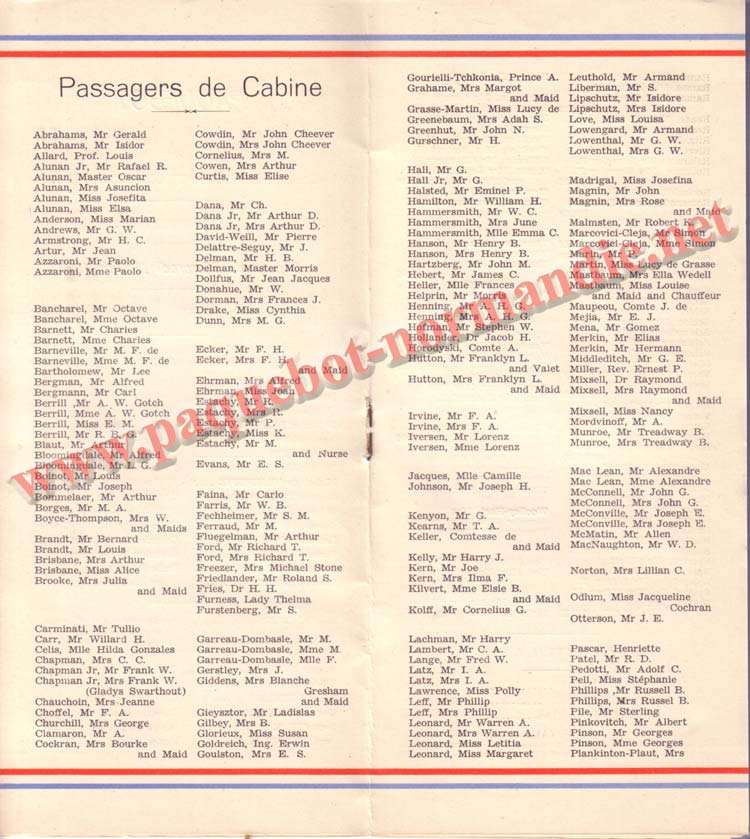 PAQUEBOT NORMANDIE - LISTE DES PASSAGERS DU 15 JUIN 1938 - 1ère CLASSE / 1-6