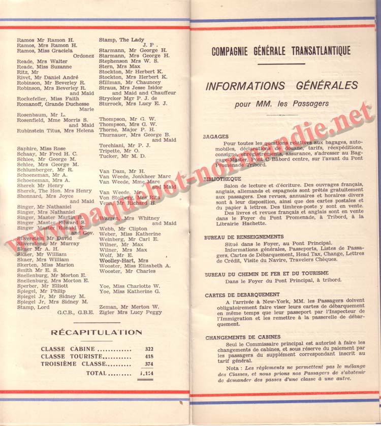 PAQUEBOT NORMANDIE - LISTE DES PASSAGERS DU 15 JUIN 1938 - 1ère CLASSE / 1-7