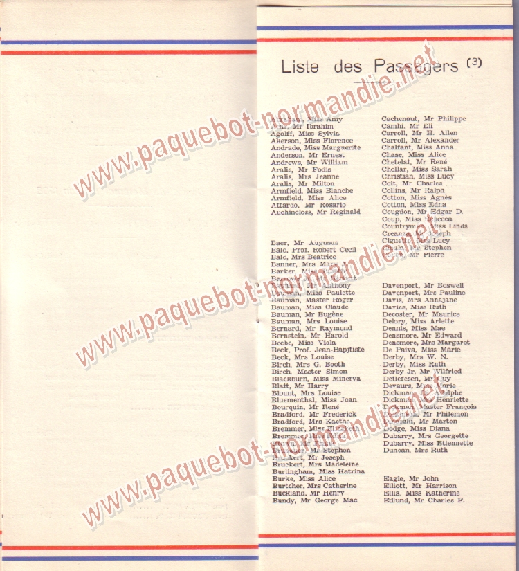 Paquebot s/s Normandie - LISTE PASSAGERS 15.06.38 / 3-4