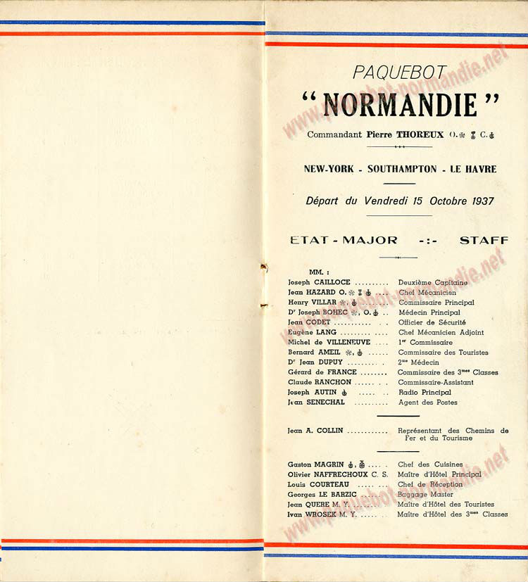 PAQUEBOT NORMANDIE - LISTE DES PASSAGERS DU 15 OCTOBRE 1937 - 2ème CLASSE / 2-3