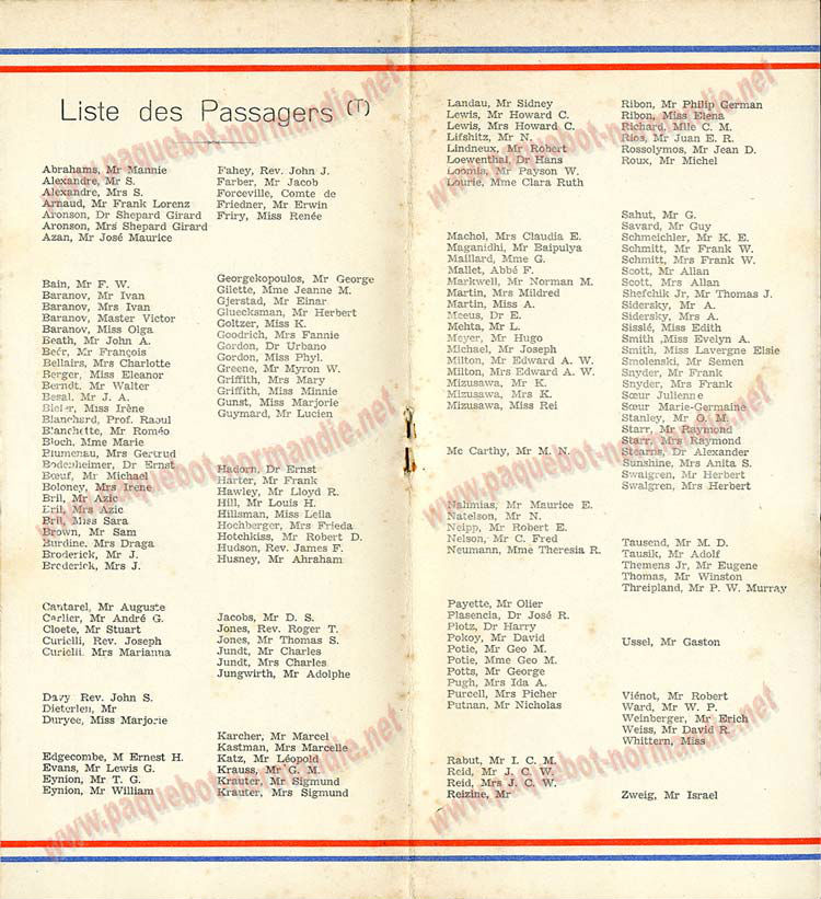 PAQUEBOT NORMANDIE - LISTE DES PASSAGERS DU 15 OCTOBRE 1937 - 2ème CLASSE / 2-4