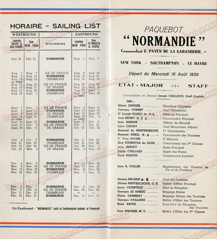 Paquebot s/s Normandie - LISTE PASSAGERS 16.08.39 / 2-3