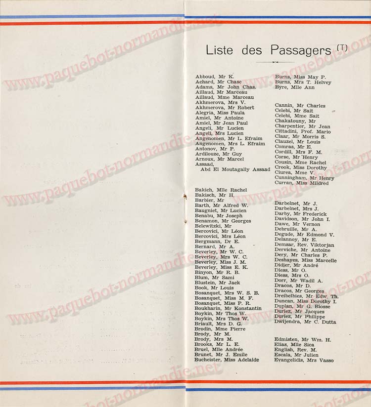 Paquebot s/s Normandie - LISTE PASSAGERS 16.08.39 / 2-4