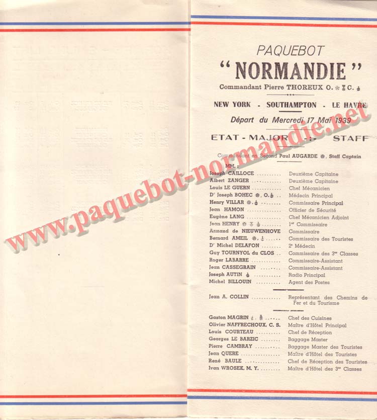 PAQUEBOT NORMANDIE - LISTE DES PASSAGERS DU 17 MAI 1939 - 2ème CLASSE / 2-3