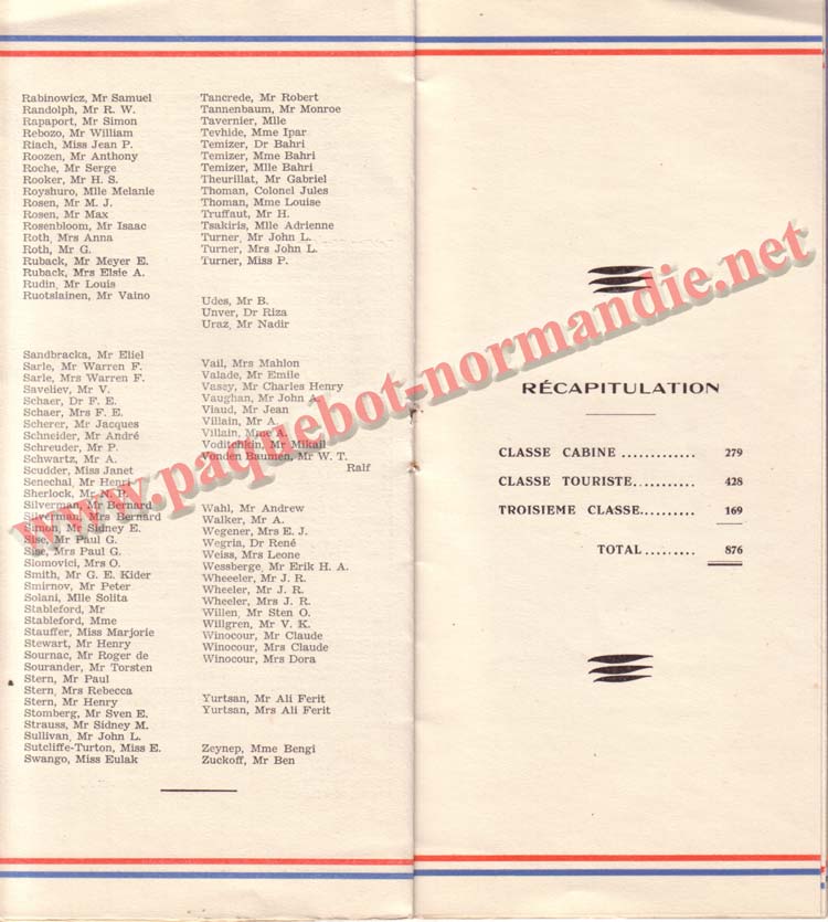 PAQUEBOT NORMANDIE - LISTE DES PASSAGERS DU 17 MAI 1939 - 2ème CLASSE / 2-6