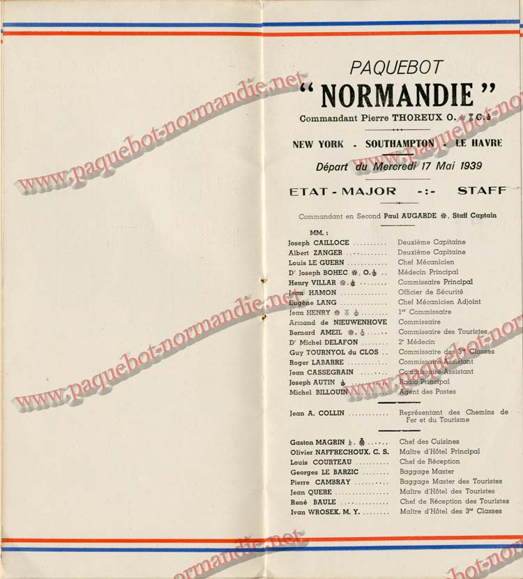 PAQUEBOT NORMANDIE - LISTE DES PASSAGERS DU 17 MAI 1939 - 3ème CLASSE / 3-3