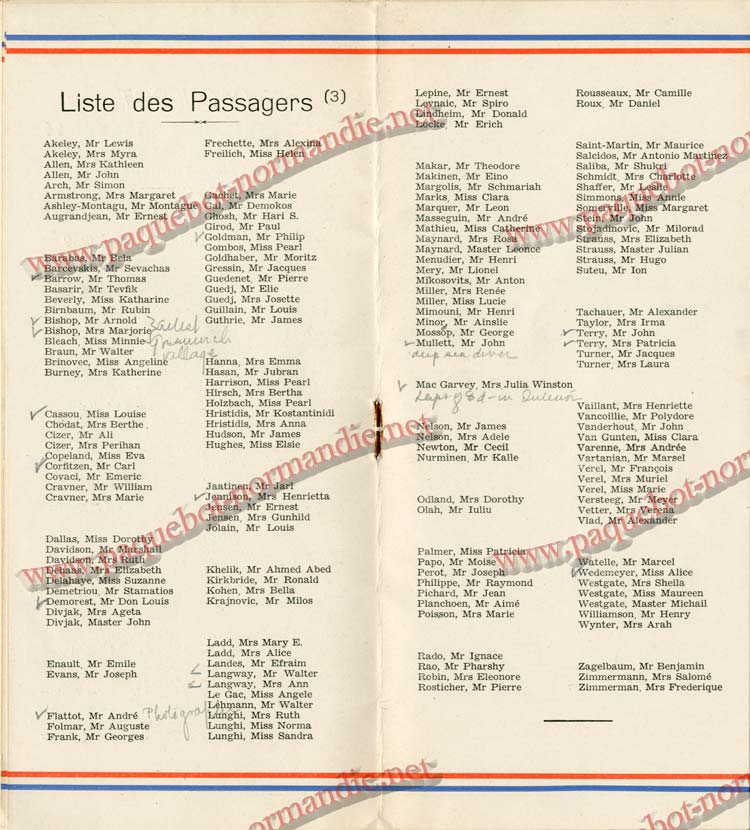 PAQUEBOT NORMANDIE - LISTE DES PASSAGERS DU 17 MAI 1939 - 3ème CLASSE / 3-4