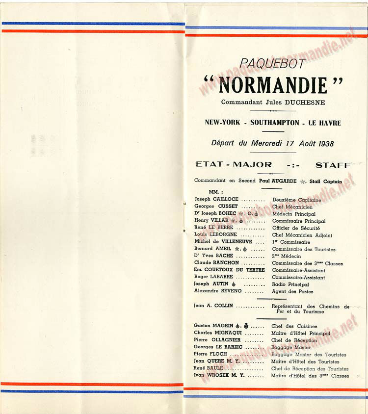 S.S NORMANDIE - LISTE PASSAGERS DU 17 AOUT 1938 - 3ème CLASSE / 3-3