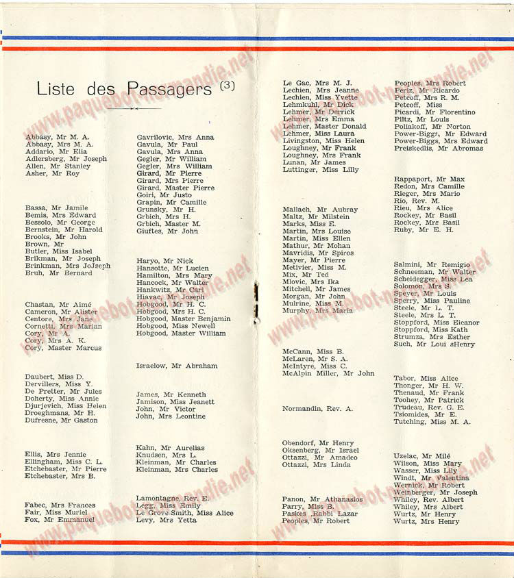 S.S NORMANDIE - LISTE PASSAGERS DU 17 AOUT 1938 - 3ème CLASSE / 3-4