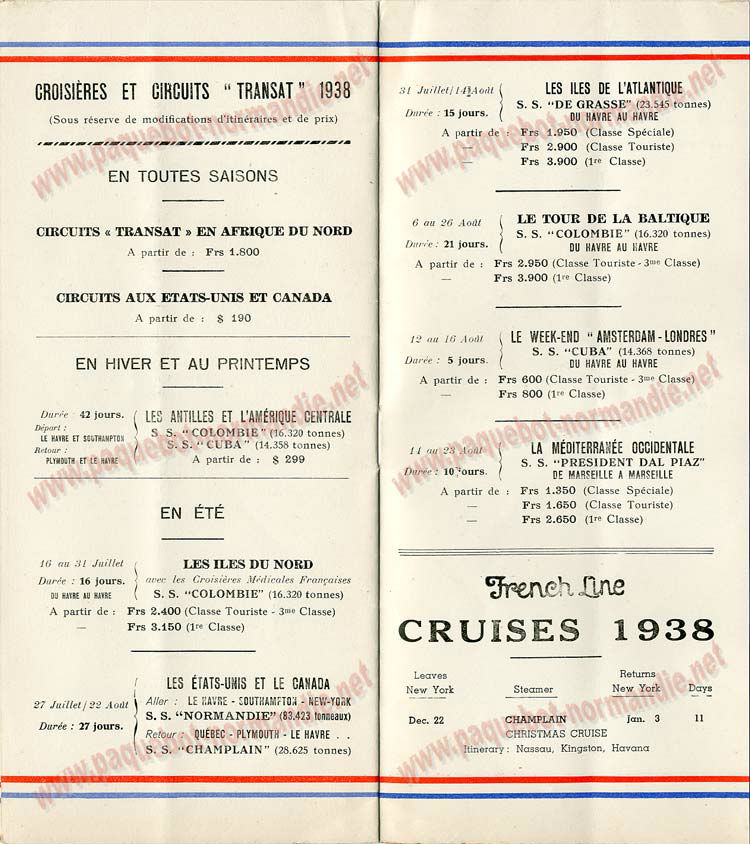 S.S NORMANDIE - LISTE PASSAGERS DU 17 AOUT 1938 - 3ème CLASSE / 3-6