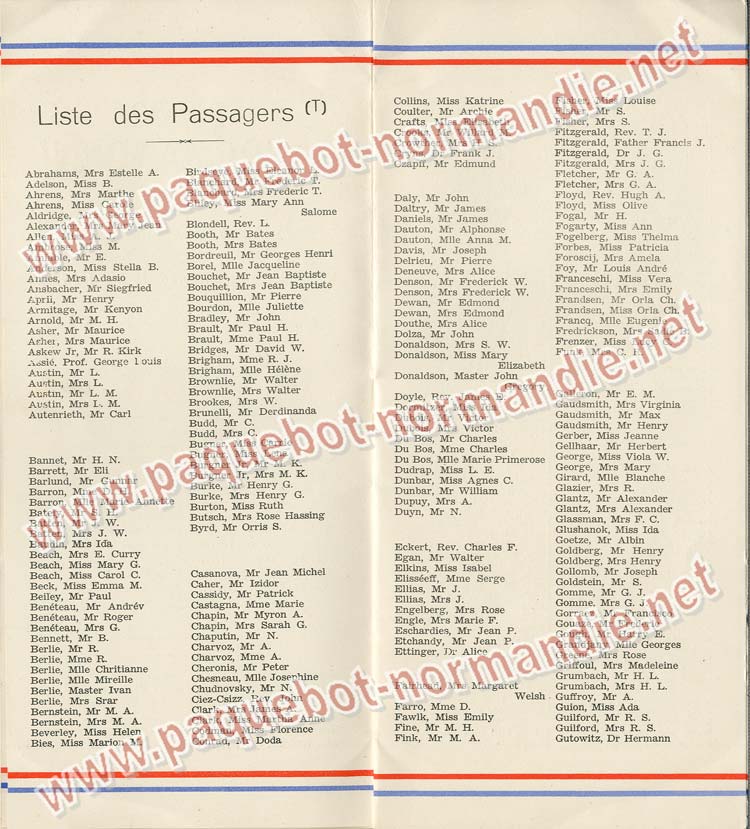 Paquebot s/s Normandie - LISTE PASSAGERS 18.05.38 / Classe Touriste - 4