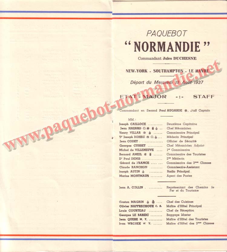 PAQUEBOT NORMANDIE - LISTE DES PASSAGERS DU 18 AOUT 1937 - 1ère CLASSE / 1-3