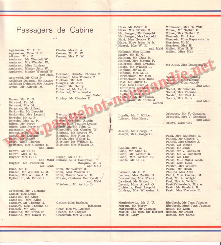 PAQUEBOT NORMANDIE - LISTE DES PASSAGERS DU 18 AOUT 1937 - 1ère CLASSE / 1-4