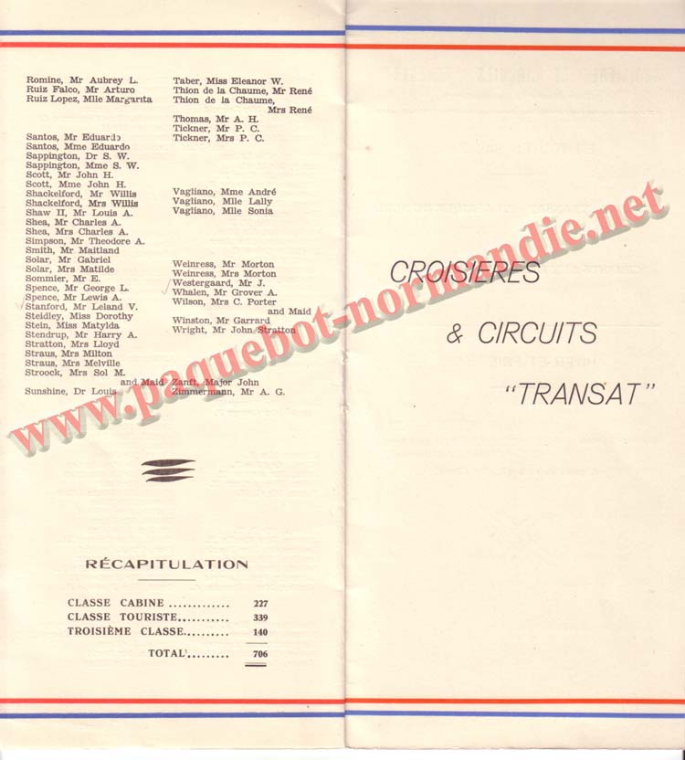 PAQUEBOT NORMANDIE - LISTE DES PASSAGERS DU 18 AOUT 1937 - 1ère CLASSE / 1-5