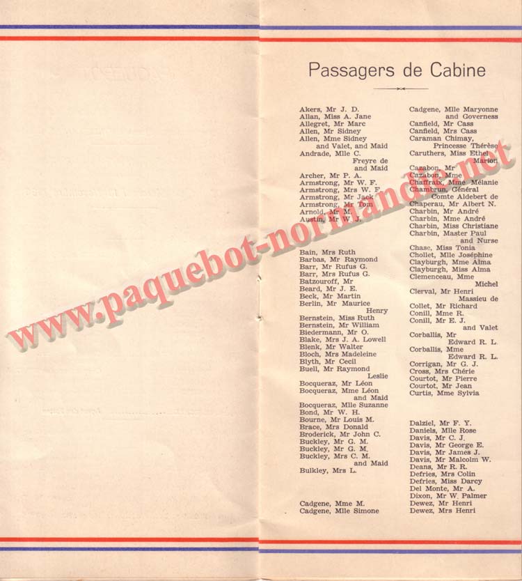 LISTE PASSAGERS DU 18 NOVEMBRE 1936 - 1ère CLASSE / 1-2