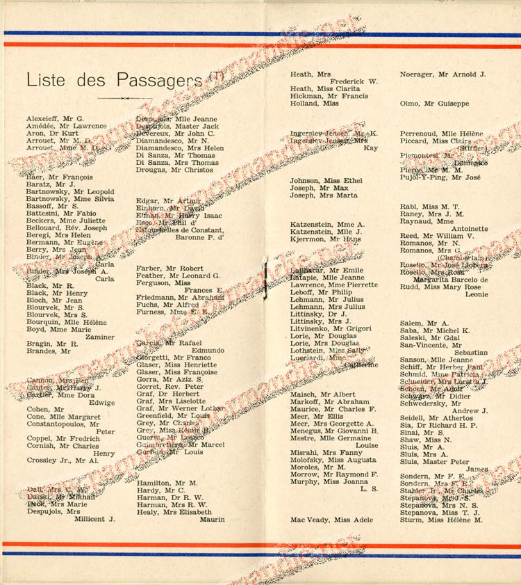 S.S. NORMANDIE - LISTE DES PASSAGERS 18 NOVEMBRE 1936 - 2ème CLASSE 2-3