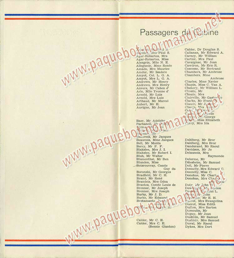 Paquebot s/s Normandie - LISTE PASSAGERS 18.12.36 / 1-3