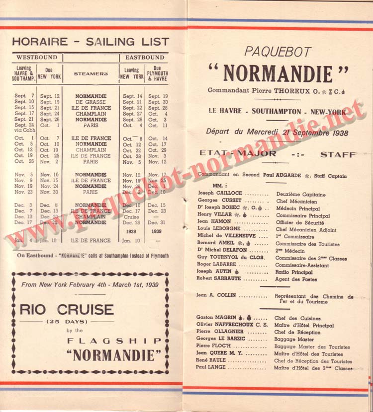 PAQUEBOT NORMANDIE - LISTE DES PASSAGERS DU 21 SEPTEMBRE 1938 - 2ème CLASSE / 2-3