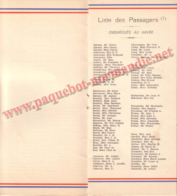 PAQUEBOT NORMANDIE - LISTE DES PASSAGERS DU 21 SEPTEMBRE 1938 - 2ème CLASSE / 2-4