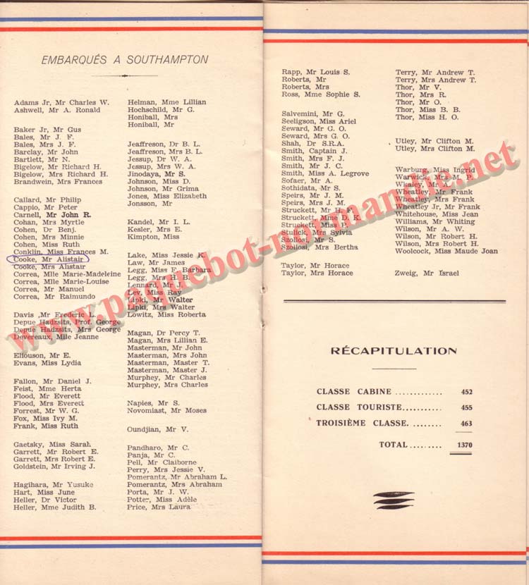 PAQUEBOT NORMANDIE - LISTE DES PASSAGERS DU 21 SEPTEMBRE 1938 - 2ème CLASSE / 2-6