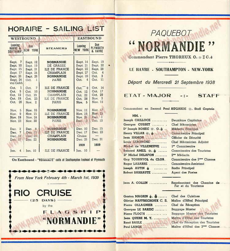 PAQUEBOT NORMANDIE - LISTE DES PASSAGERS DU 21 SEPTEMBRE 1938 - 3ème CLASSE / 3-2