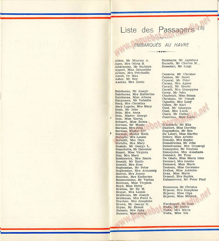 PAQUEBOT NORMANDIE - LISTE DES PASSAGERS DU 21 SEPTEMBRE 1938 - 3ème CLASSE / 3-3