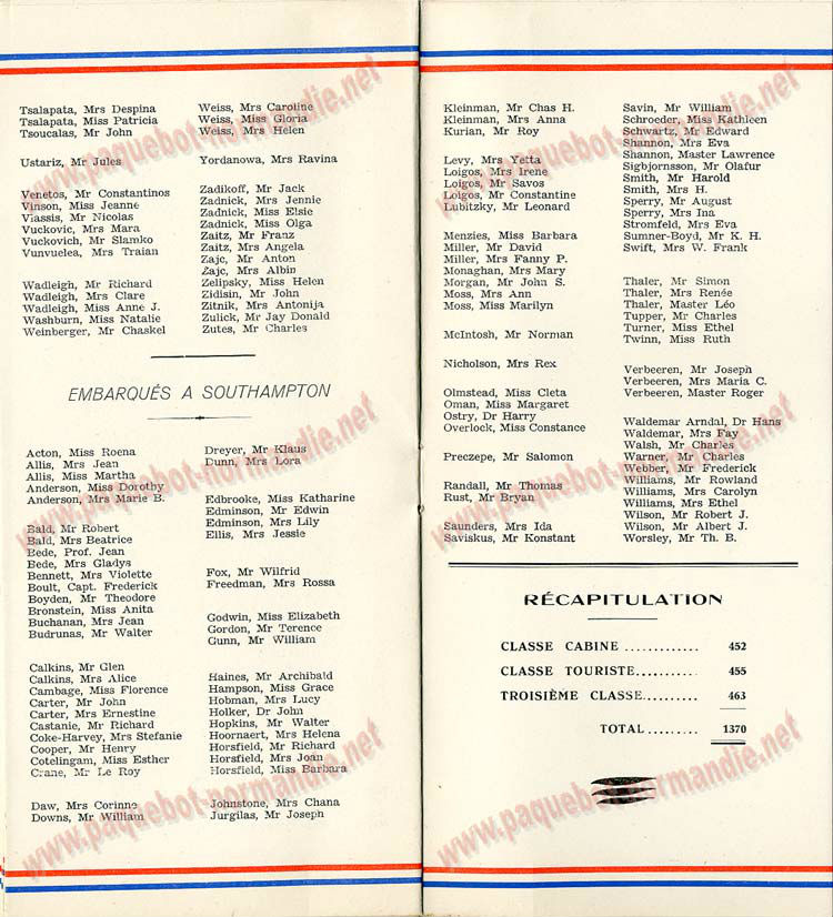 PAQUEBOT NORMANDIE - LISTE DES PASSAGERS DU 21 SEPTEMBRE 1938 - 3ème CLASSE / 3-5