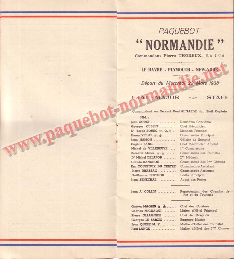 PAQUEBOT NORMANDIE - LISTE DES PASSAGERS DU 23 MARS 1938 - 2ème CLASSE / 2-3