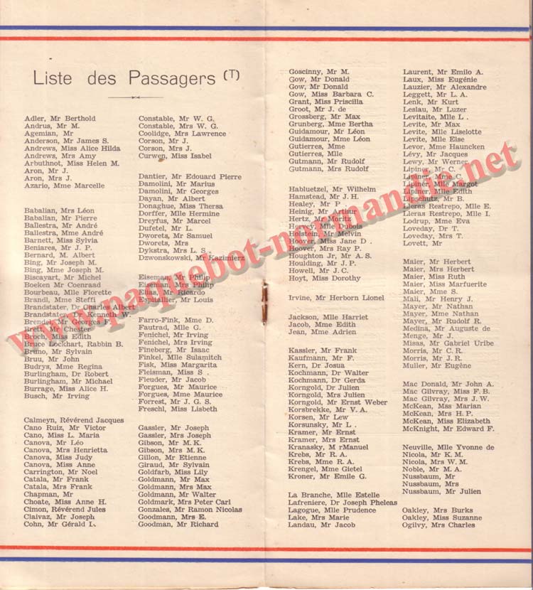 PAQUEBOT NORMANDIE - LISTE DES PASSAGERS DU 23 MARS 1938 - 2ème CLASSE / 2-4