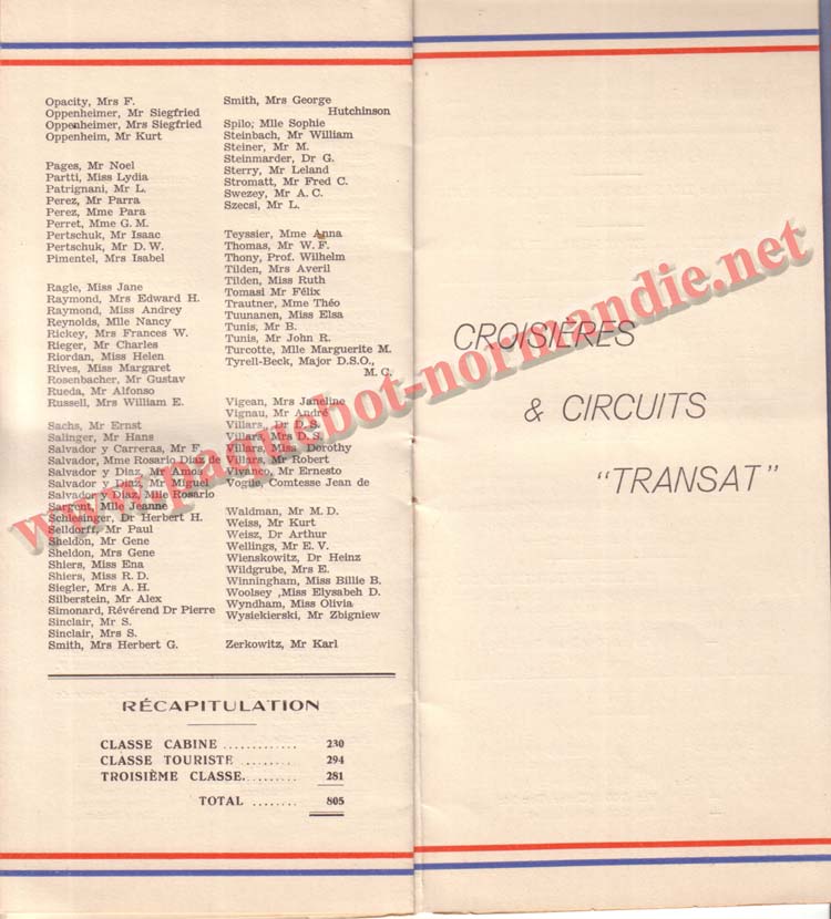 PAQUEBOT NORMANDIE - LISTE DES PASSAGERS DU 23 MARS 1938 - 2ème CLASSE / 2-5