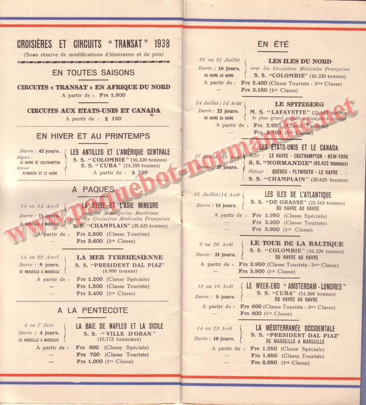 PAQUEBOT NORMANDIE - LISTE DES PASSAGERS DU 23 MARS 1938 - 2ème CLASSE / 2-6