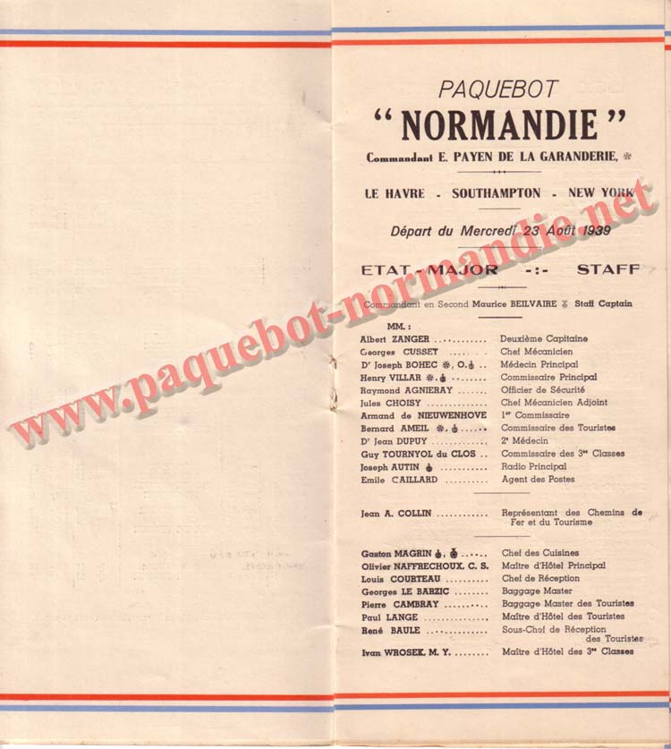 PAQUEBOT NORMANDIE - LISTE DES PASSAGERS DU 23 AOUT1939 - 2ème CLASSE / 2-3