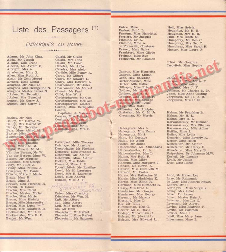 PAQUEBOT NORMANDIE - LISTE DES PASSAGERS DU 23 AOUT1939 - 2ème CLASSE / 2-4