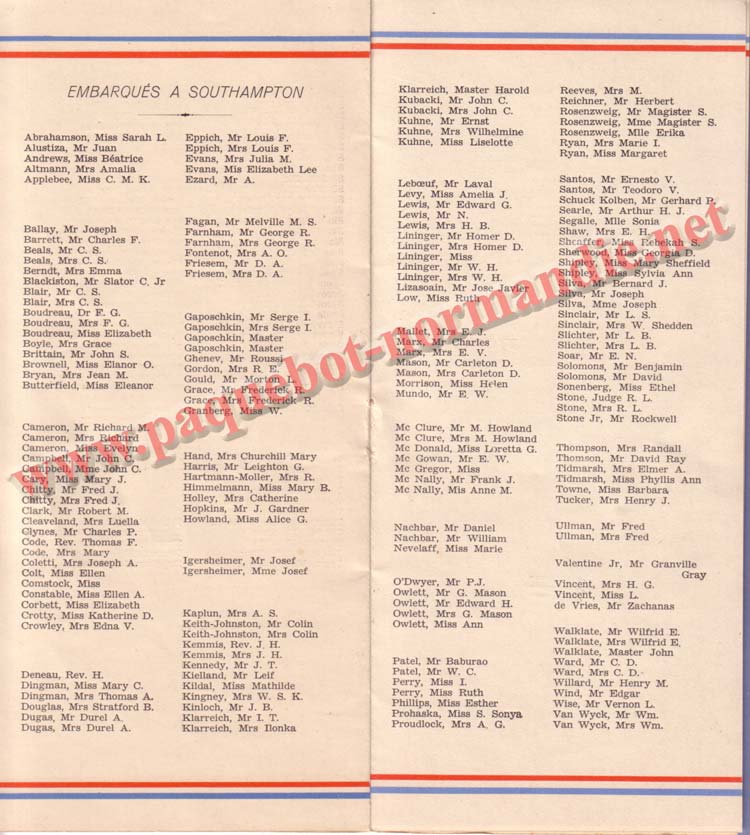 PAQUEBOT NORMANDIE - LISTE DES PASSAGERS DU 23 AOUT1939 - 2ème CLASSE / 2-6