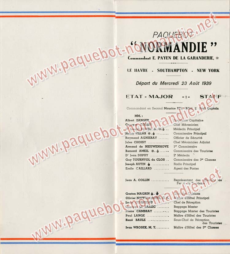 S.S NORMANDIE - LISTE PASSAGERS DU 23 AOUT 1939 - 3ème CLASSE / 3-3