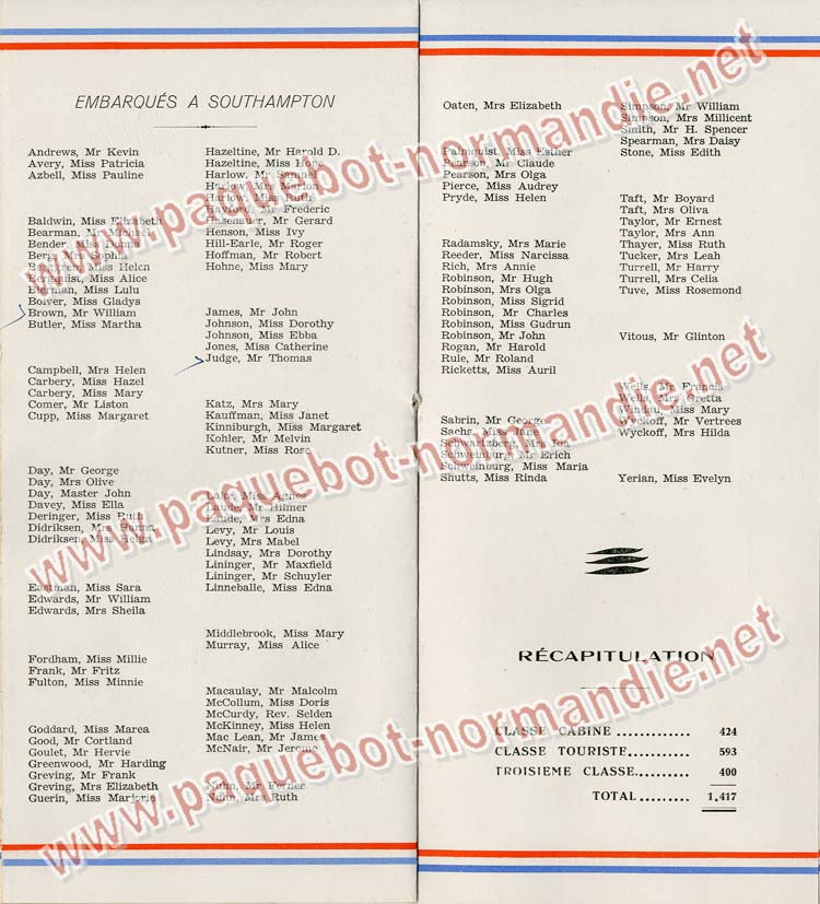 S.S NORMANDIE - LISTE PASSAGERS DU 23 AOUT 1939 - 3ème CLASSE / 3-6