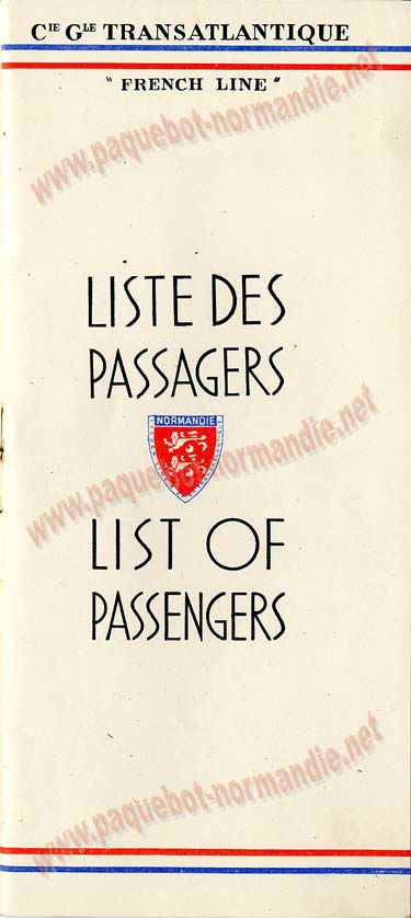 PAQUEBOT S.S NORMANDIE - LISTE PASSAGERS DU 23 OCTOBRE 1935 - 1ère et 2ème CLASSE / 1-2-1